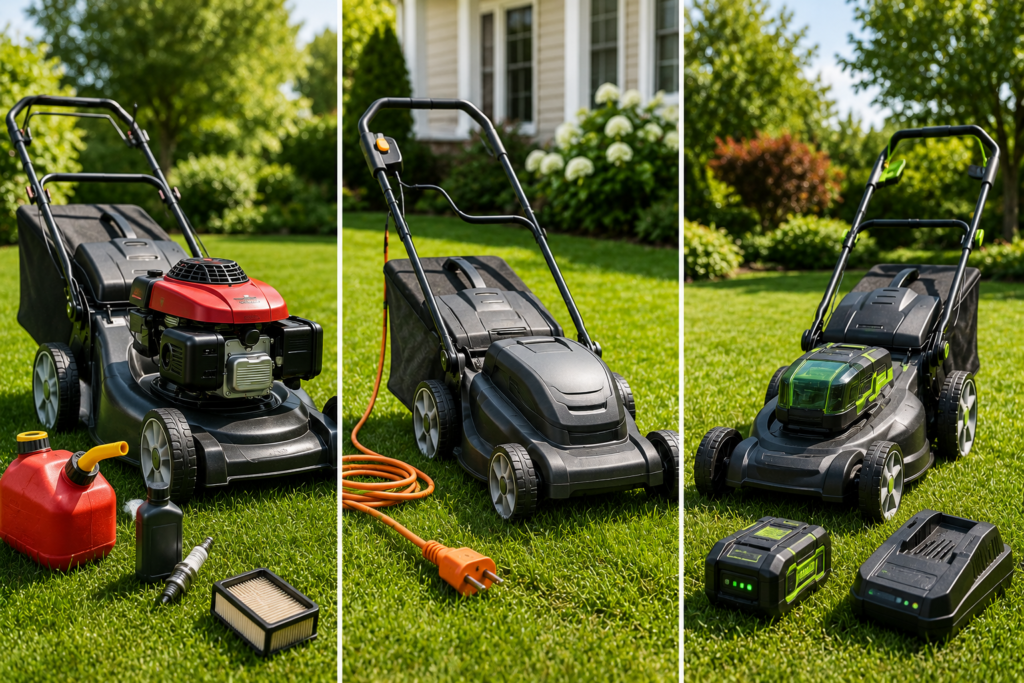 "Gas, corded electric, and battery-powered lawn mowers displayed in a modern American backyard, highlighting the different power sources used for residential lawn care."