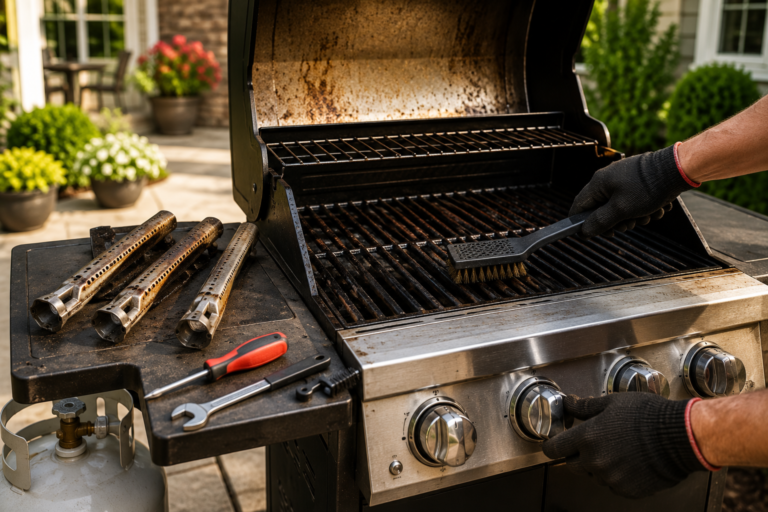 BBQ grill maintenance and troubleshooting in a backyard outdoor cooking area with clean grill grates and grilling tools