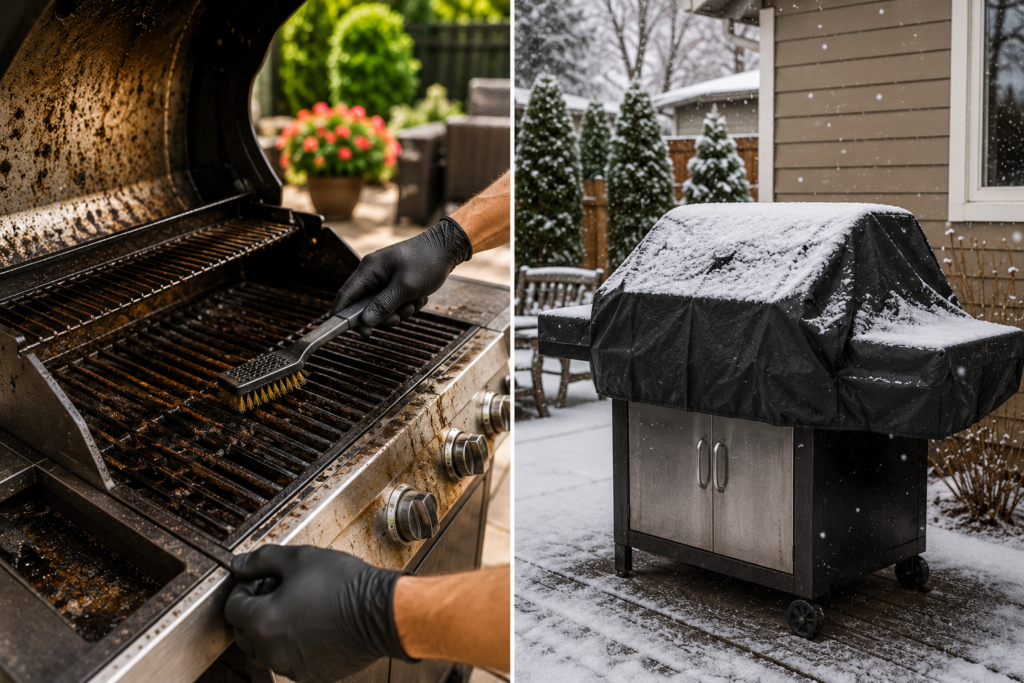 BBQ grill being cleaned and protected with a weatherproof cover to prevent common grill problems