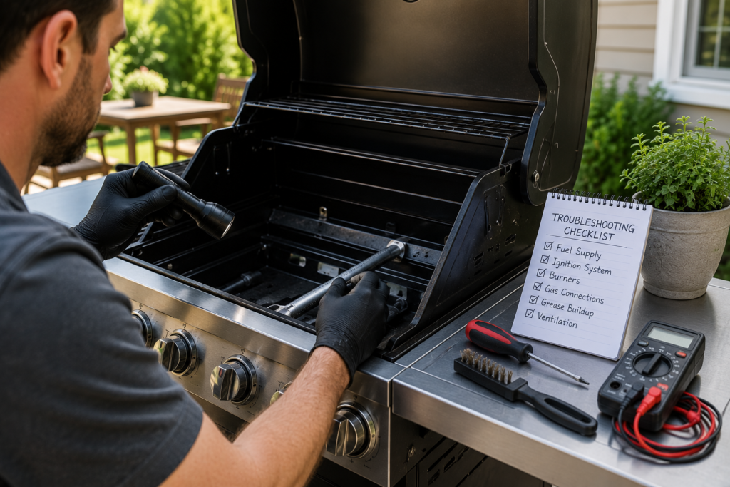 Homeowner troubleshooting a gas BBQ grill before calling for professional repairs