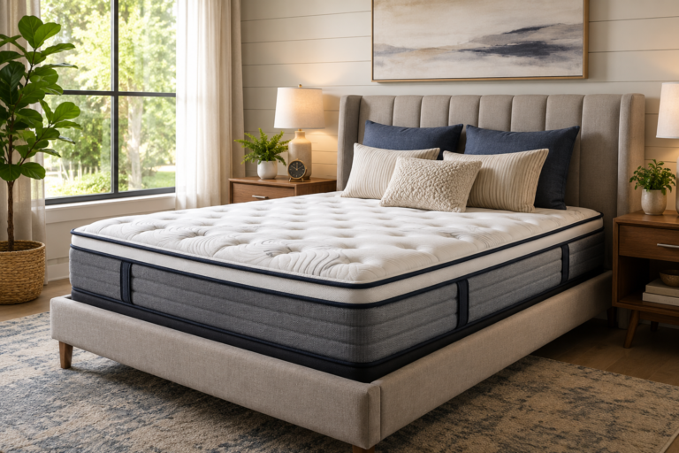 "Modern bedroom with a premium hybrid mattress on an upholstered bed in a bright, cozy American home."
