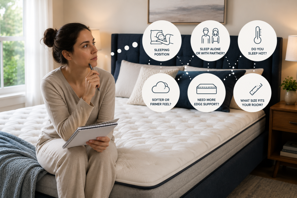 "Woman evaluating her sleep needs while choosing the right mattress in a bright modern bedroom."