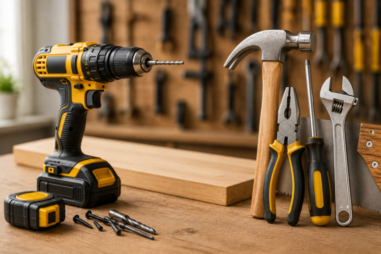 "Power drill and essential hand tools arranged on a wooden workbench in a modern workshop, illustrating the difference between power tools and hand tools for home improvement projects."