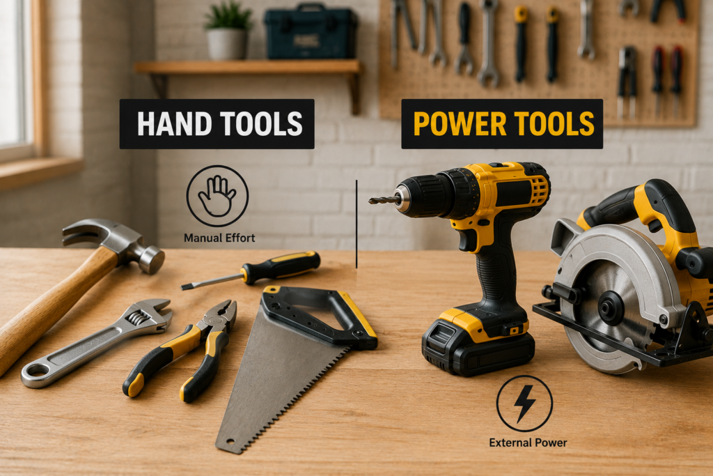 "Hand tools and power tools displayed side by side on a wooden workbench in a modern workshop, highlighting the key differences between manual tools and powered equipment for DIY and home improvement projects."