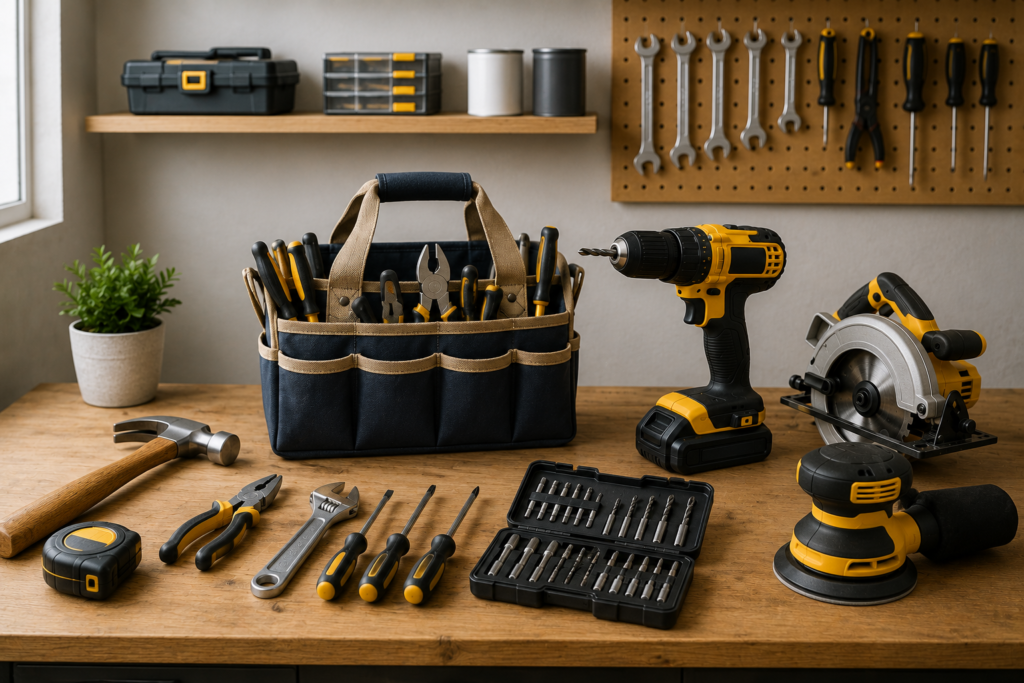 "Balanced collection of hand tools and power tools neatly organized on a wooden workbench in a modern workshop, including a cordless drill, circular saw, hammer, pliers, wrenches, screwdrivers, and a tool bag for DIY and home improvement projects."