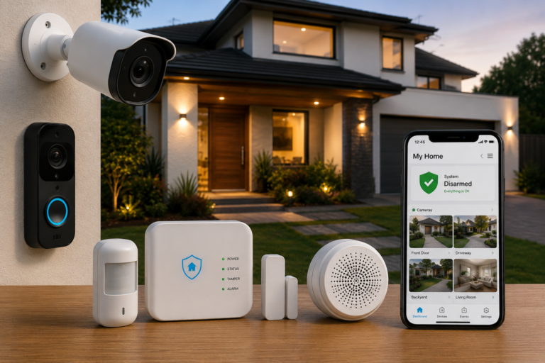 "Modern home security system with outdoor security camera, video doorbell, motion sensor, smart alarm hub, door sensor, siren, and smartphone app displayed in front of a contemporary house at dusk."
