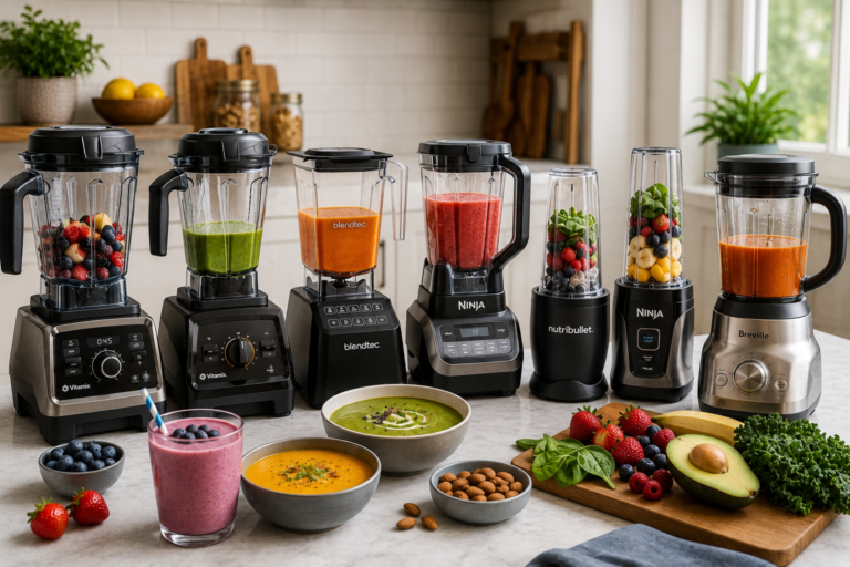 "Collection of high-performance full-size and personal blenders displayed on a modern kitchen countertop with fresh fruits, vegetables, smoothies, soups, and healthy ingredients for blending at home."