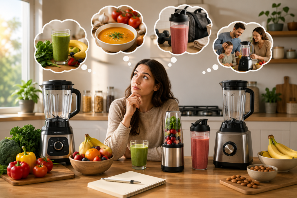 "Home cook comparing full-size and personal blenders in a modern kitchen, surrounded by fresh fruits, vegetables, smoothies, and soup while choosing the best blender for everyday home use."