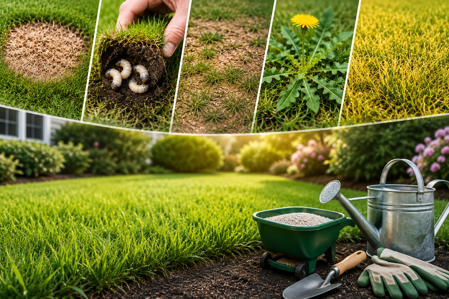 "Healthy green backyard lawn with common lawn problems including brown patches, grub damage, weeds, thinning grass, and yellowing turf, alongside lawn care tools for diagnosing and repairing grass issues."
