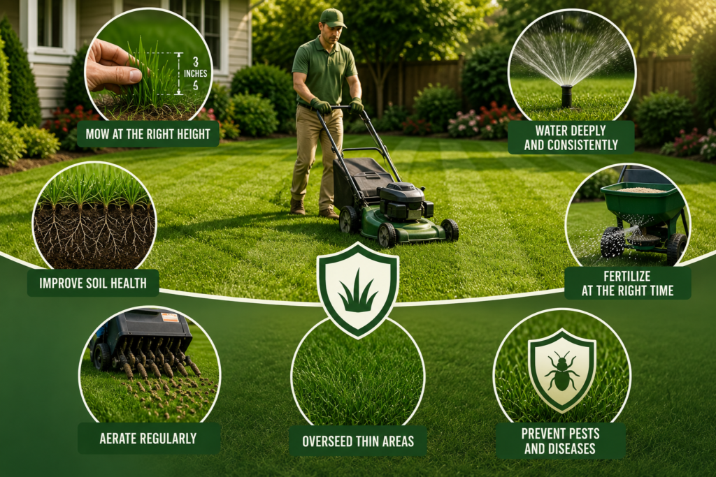 "Homeowner performing routine lawn maintenance by mowing, watering, fertilizing, aerating, and monitoring a healthy green lawn to prevent common grass problems before they develop."