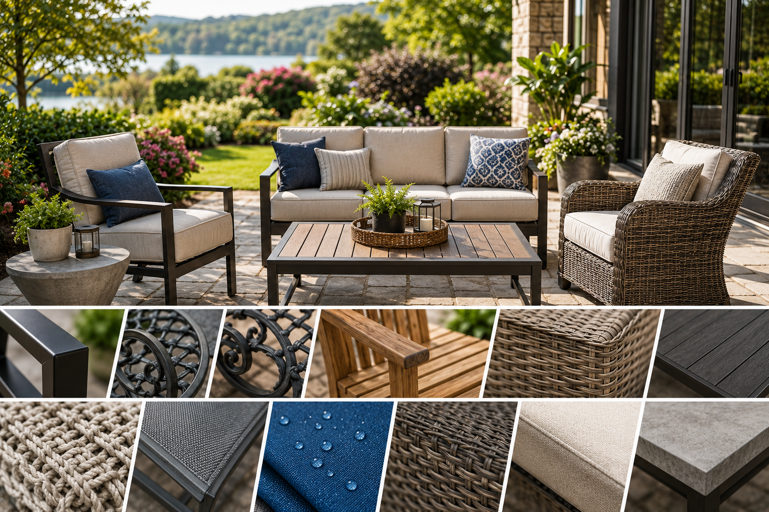 "Modern outdoor patio furniture set featuring aluminum, teak, resin wicker, rope weave, sling fabric, weather-resistant cushions, and stone tabletop materials arranged on a luxury backyard patio."