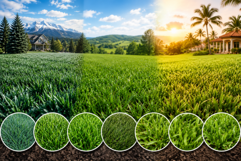 "Healthy residential lawns showcasing cool-season, transition-zone, and warm-season grass varieties across different climates, with close-up views of common grass types for U.S. regions."