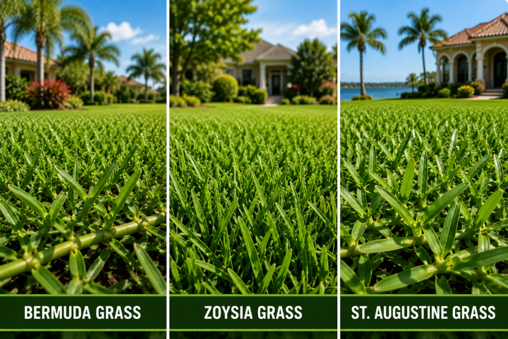 "Comparison of warm-season grass types including Bermuda Grass, Zoysia Grass, and St. Augustine Grass displayed side by side in sunny residential landscapes with close-up views of each grass variety."