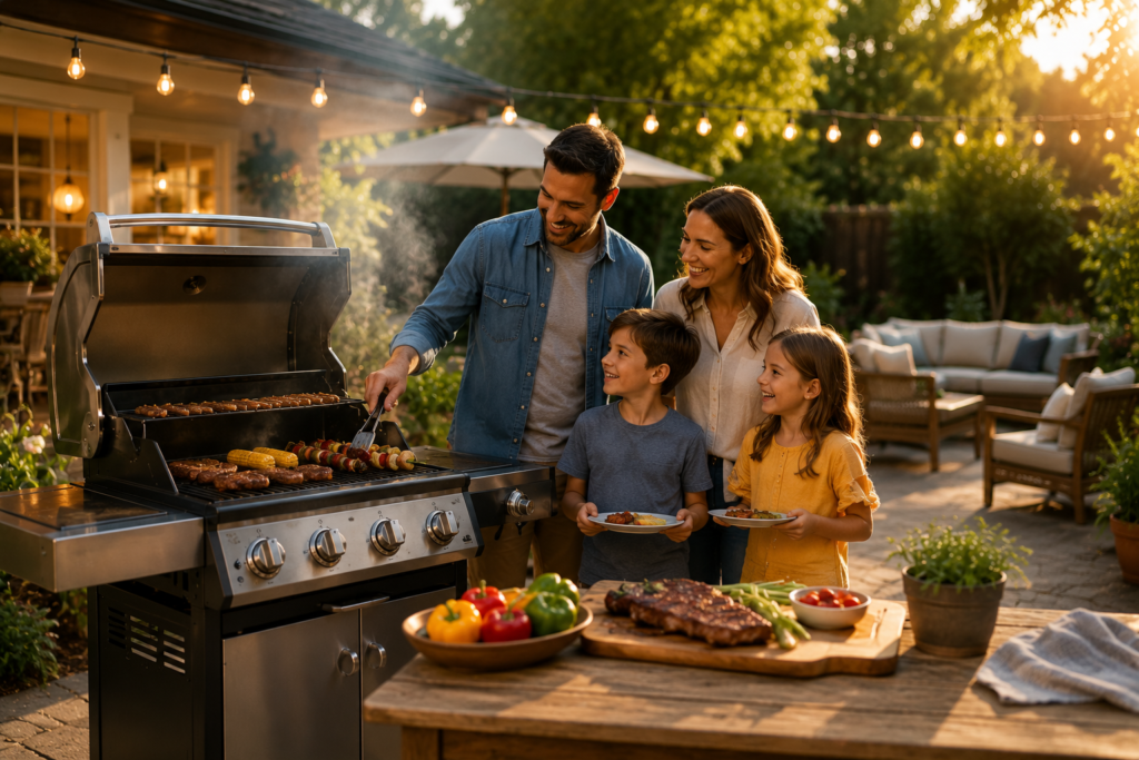 "Family enjoying a backyard barbecue while cooking on a modern gas grill, highlighting how choosing the right BBQ grill enhances outdoor cooking, entertaining, and everyday grilling experiences."
