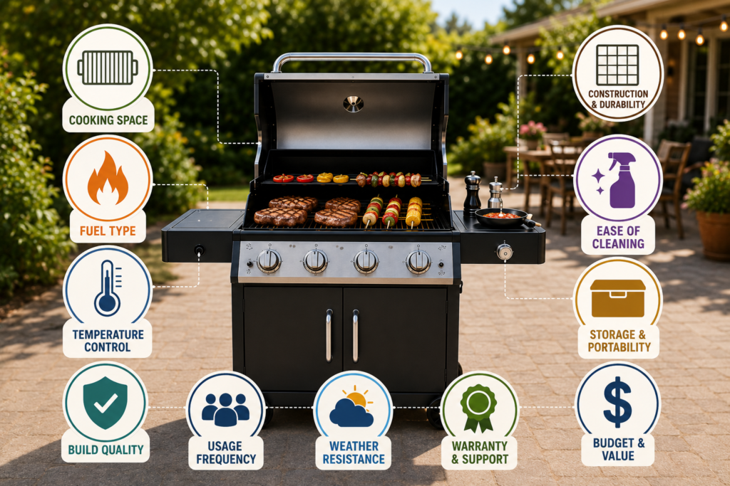 "Modern gas barbecue grill surrounded by icons representing key buying factors including cooking space, fuel type, temperature control, build quality, durability, easy cleaning, storage, warranty, and budget for choosing the right BBQ grill."