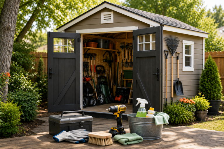 "Well-maintained outdoor storage shed with organized gardening tools, lawn equipment, and cleaning supplies in a landscaped backyard, illustrating proper shed maintenance and long-term care."