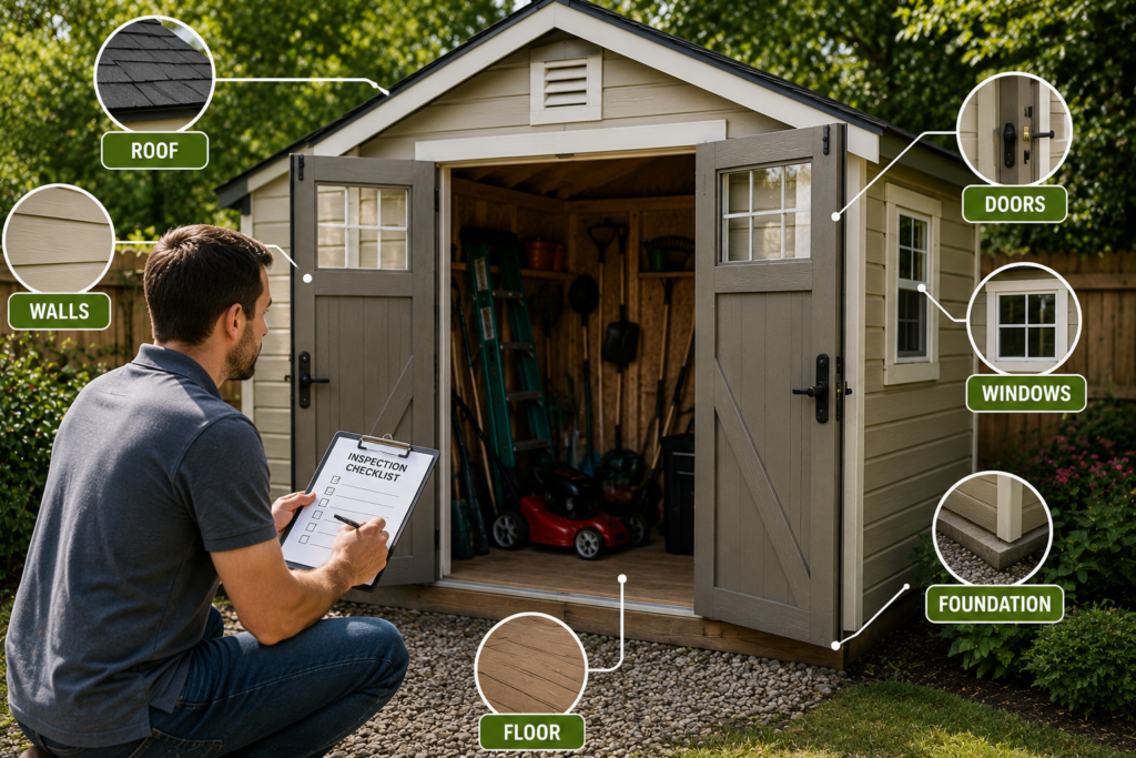 "Homeowner inspecting an outdoor storage shed with a clipboard while checking the roof, walls, doors, windows, foundation, and floor as part of a complete shed maintenance inspection."