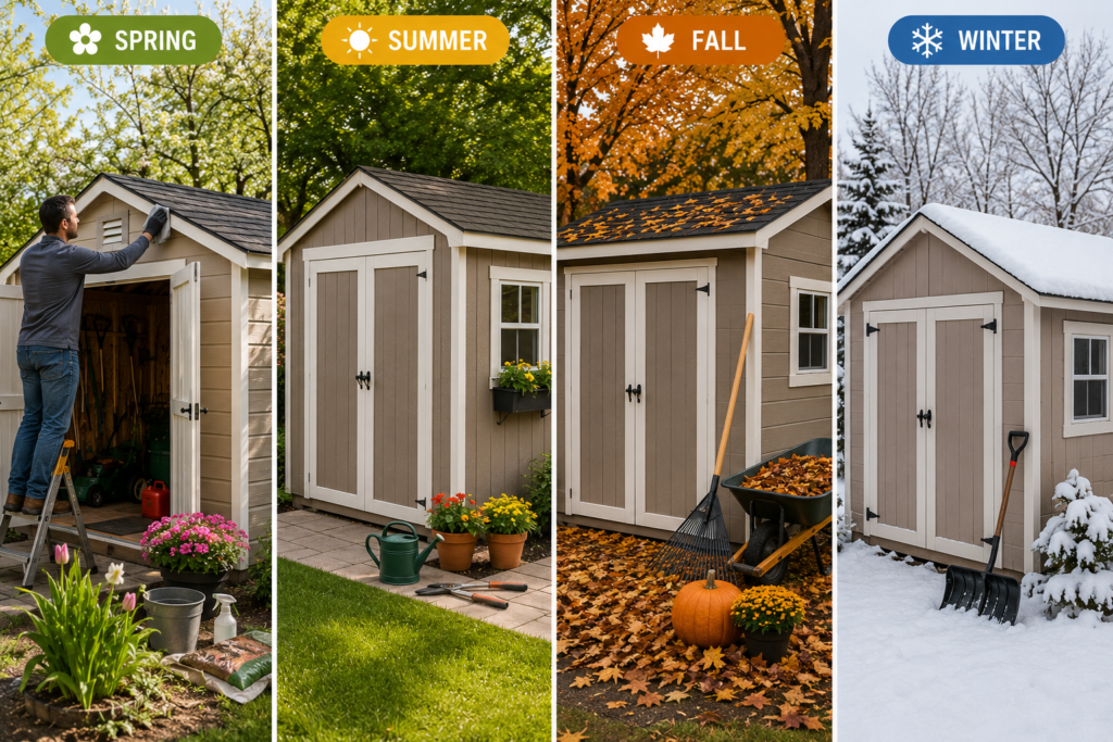 "Seasonal outdoor storage shed maintenance illustrated across spring, summer, fall, and winter, showing realistic backyard shed care and maintenance activities for each season."