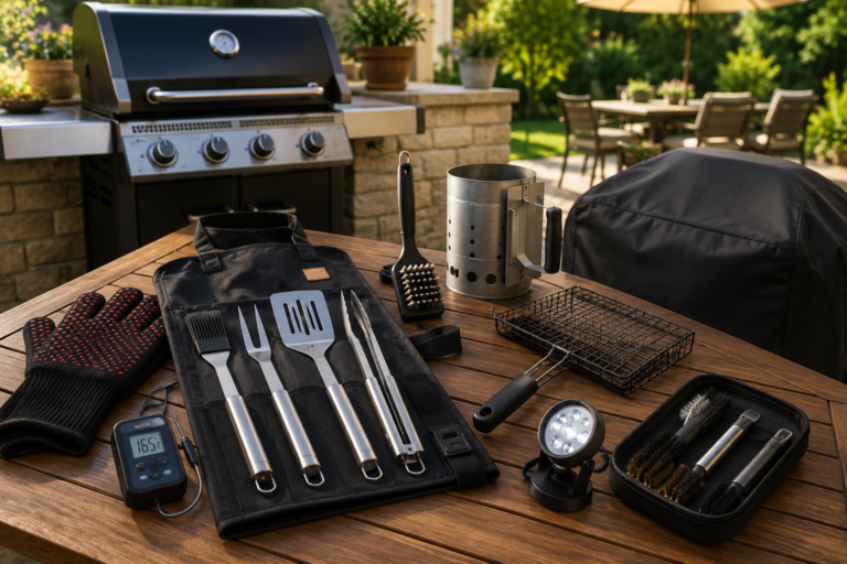 "Essential BBQ grilling accessories including stainless steel tools, meat thermometer, grill brush, heat-resistant gloves, and charcoal chimney starter on an outdoor patio table."