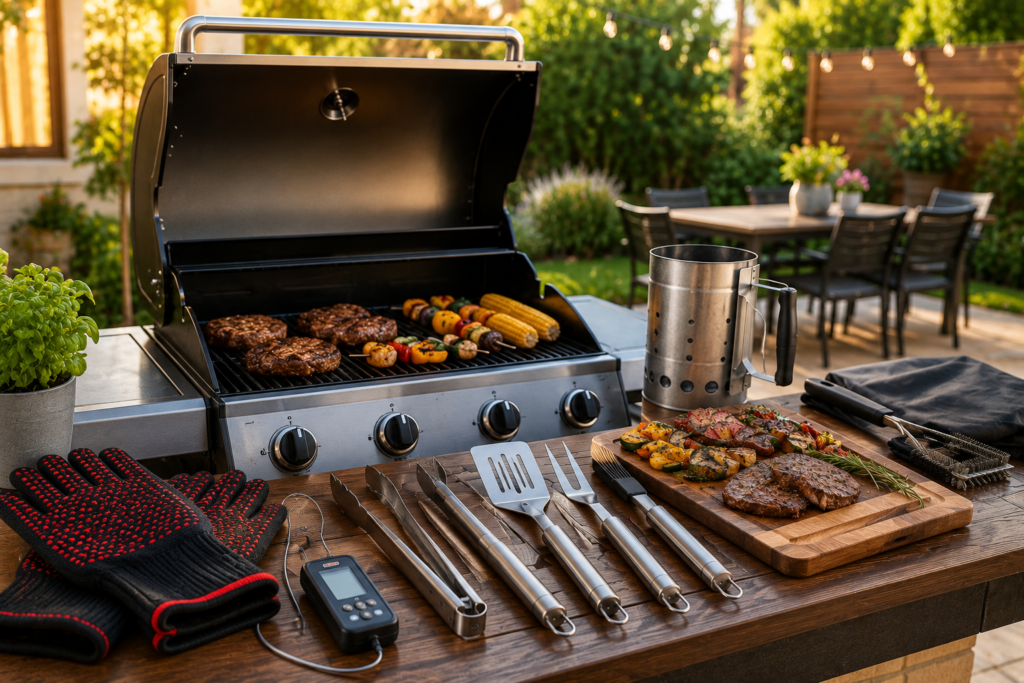 "Modern backyard BBQ grill with essential grilling accessories, including stainless steel tools, meat thermometer, heat-resistant gloves, and grilled food on a wooden prep table."