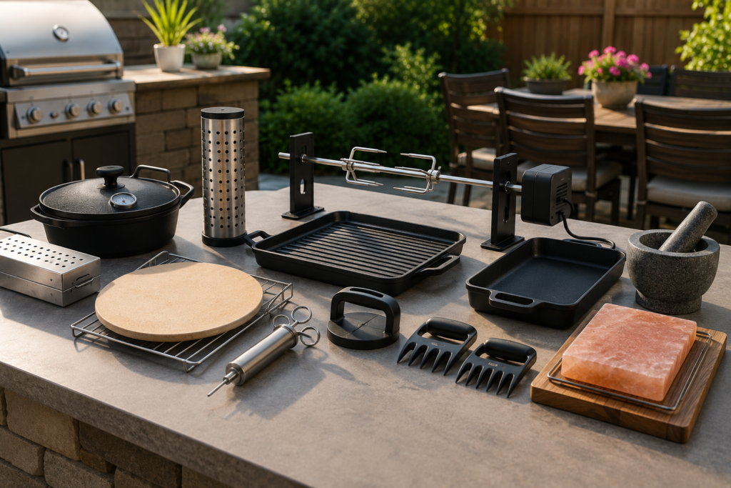 This image shows a clean collection of advanced BBQ accessories arranged in a modern outdoor cooking space, with a premium lifestyle feel and no distracting clutter.
