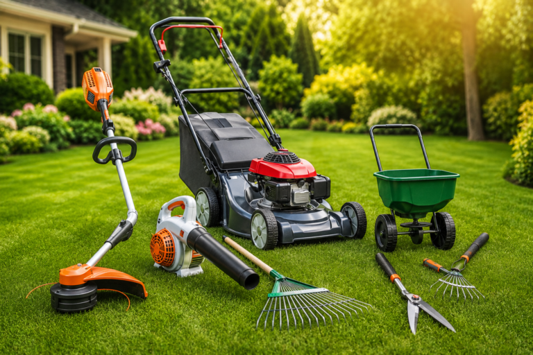 This featured image presents a clean, professional lawn care setup with the essential tools arranged in a bright, well-maintained backyard, keeping the focus clear and uncluttered.
