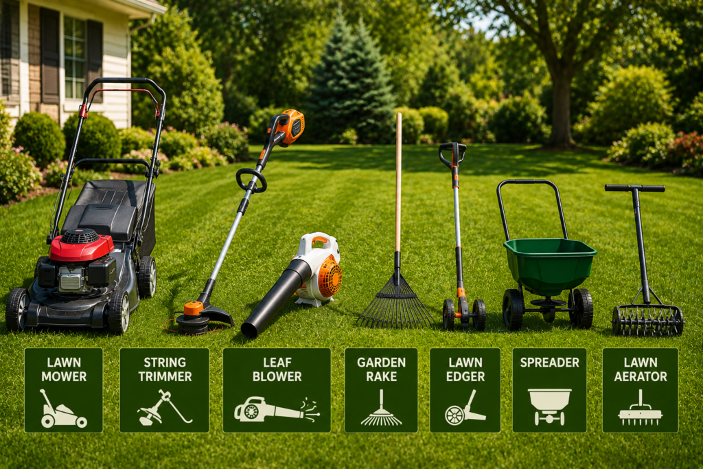 "Essential lawn care tools including a lawn mower, string trimmer, leaf blower, rake, lawn edger, spreader, and aerator arranged on a well-maintained backyard lawn."