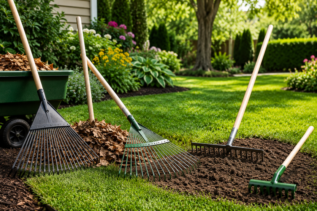 This image highlights how different types of garden rakes can be used for lawn cleanup, leaf collection, and soil preparation in a clean, well-kept backyard setting.