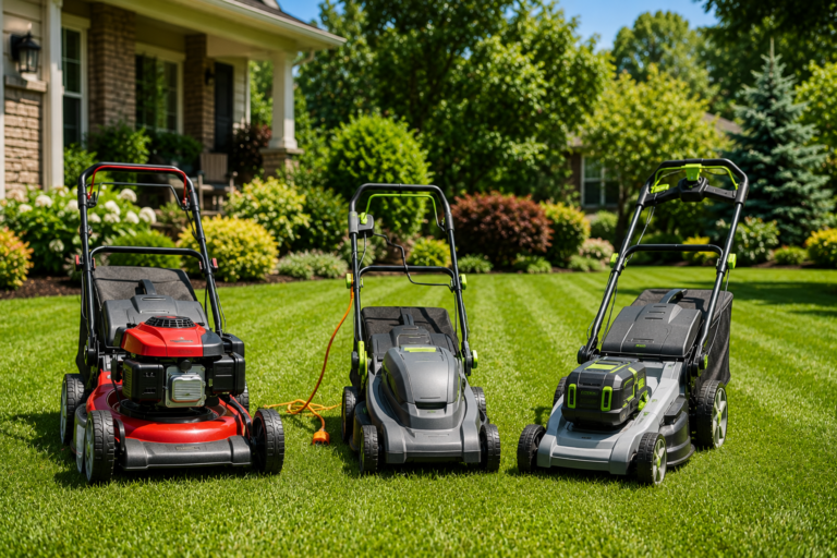 This image presents the three mower types in a clean, realistic suburban setting with no text or graphic overlays, making it suitable for a premium affiliate article.