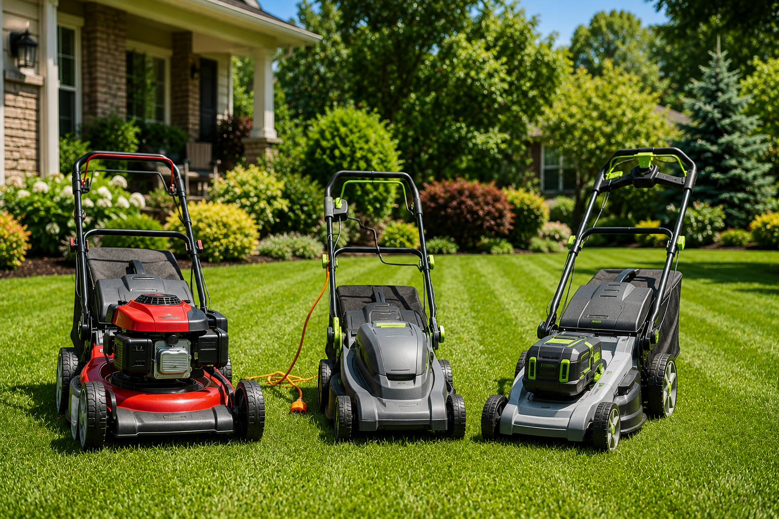 This image presents the three mower types in a clean, realistic suburban setting with no text or graphic overlays, making it suitable for a premium affiliate article.