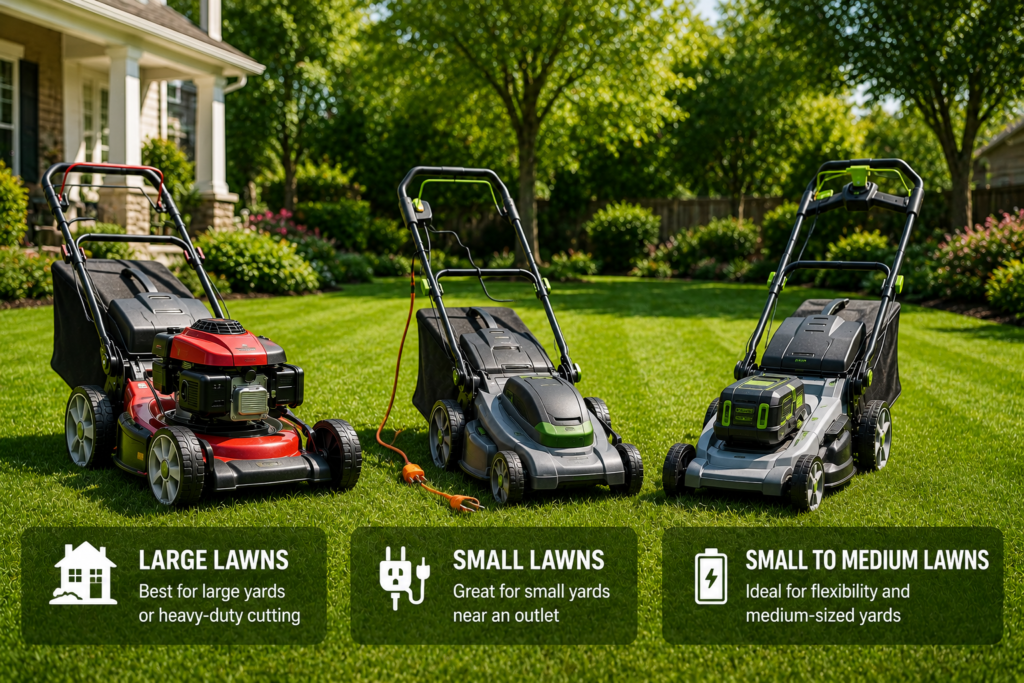 "Gas, corded electric, and battery-powered lawn mowers displayed on a well-maintained suburban lawn, illustrating how different mower types suit different lawn sizes."