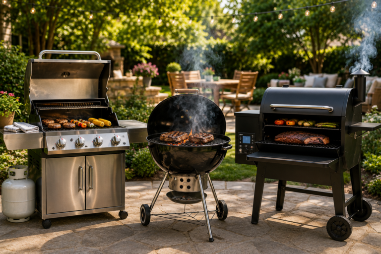 This featured image presents gas, charcoal, and pellet grills in a bright, premium backyard setting with a clean, photorealistic look and no text.