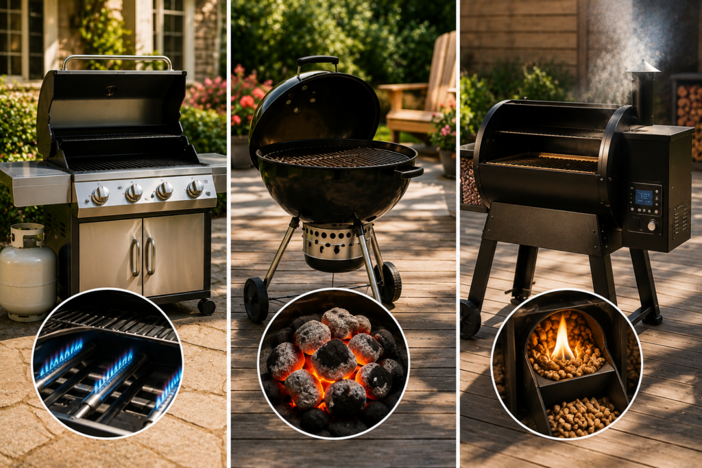 "Gas grill, charcoal grill, and pellet grill displayed in a modern American backyard, showcasing the three main types of BBQ grills for outdoor cooking."