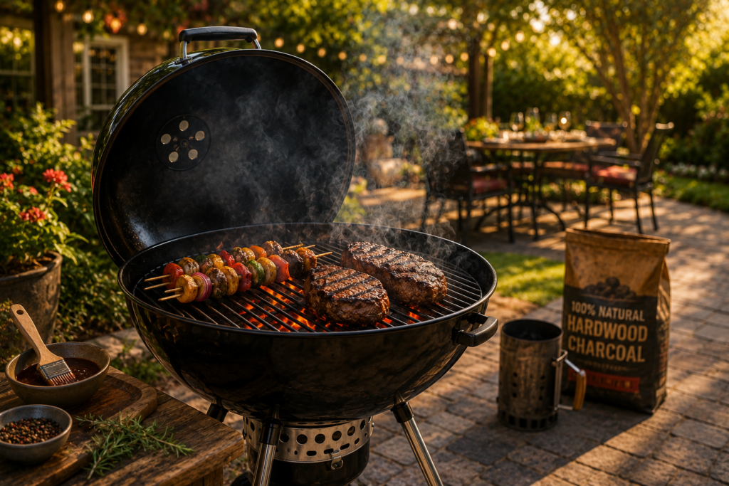 This image focuses on the classic charcoal grilling experience with glowing coals, natural smoke, and a warm backyard atmosphere that emphasizes traditional BBQ flavor.
