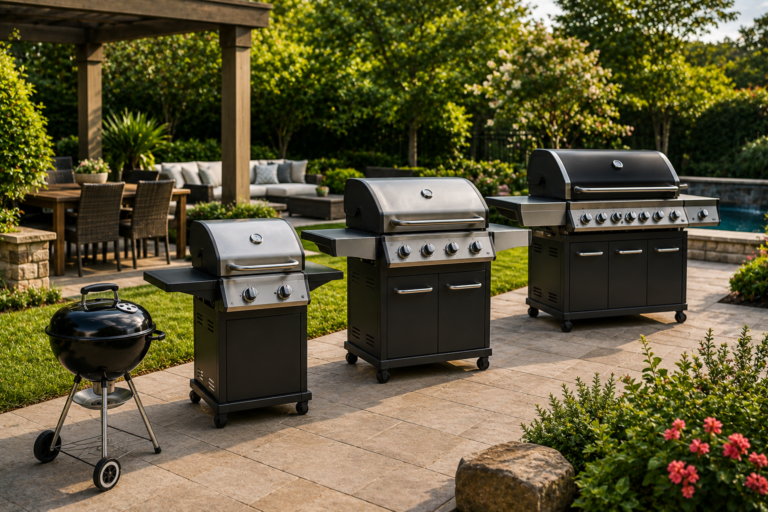"Four BBQ grills of different sizes displayed in a modern American backyard, illustrating compact, medium, large, and extra-large grill options for outdoor cooking."