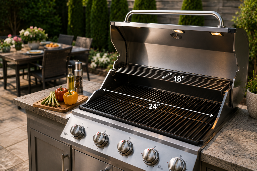 "Open stainless steel BBQ grill showing a spacious primary cooking surface in a modern American backyard, illustrating grill size and cooking area."