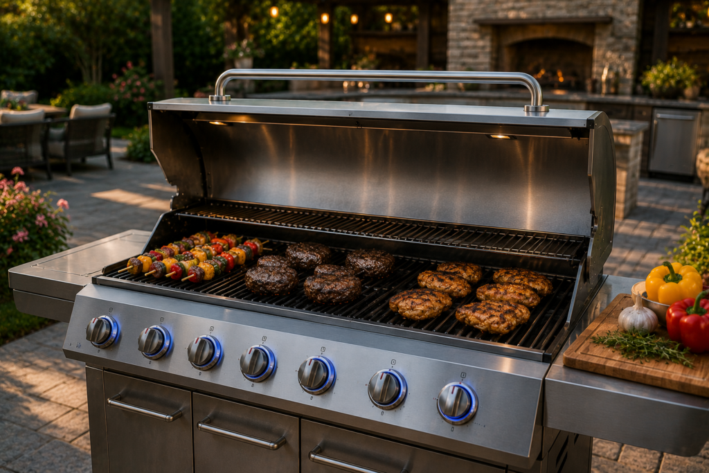 "Modern multi-burner gas BBQ grill with six control knobs and food cooking on the grates in a luxury American backyard patio."