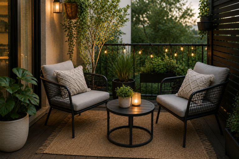 "Stylish small outdoor patio with compact modern furniture, cozy seating, potted plants, and warm lighting in a space-saving backyard design."