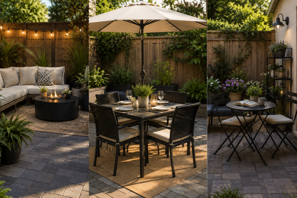 "Small outdoor patio with a cozy bistro dining set, comfortable lounge chair, and decorative plants, creating a functional space for relaxing, reading, and outdoor dining."
