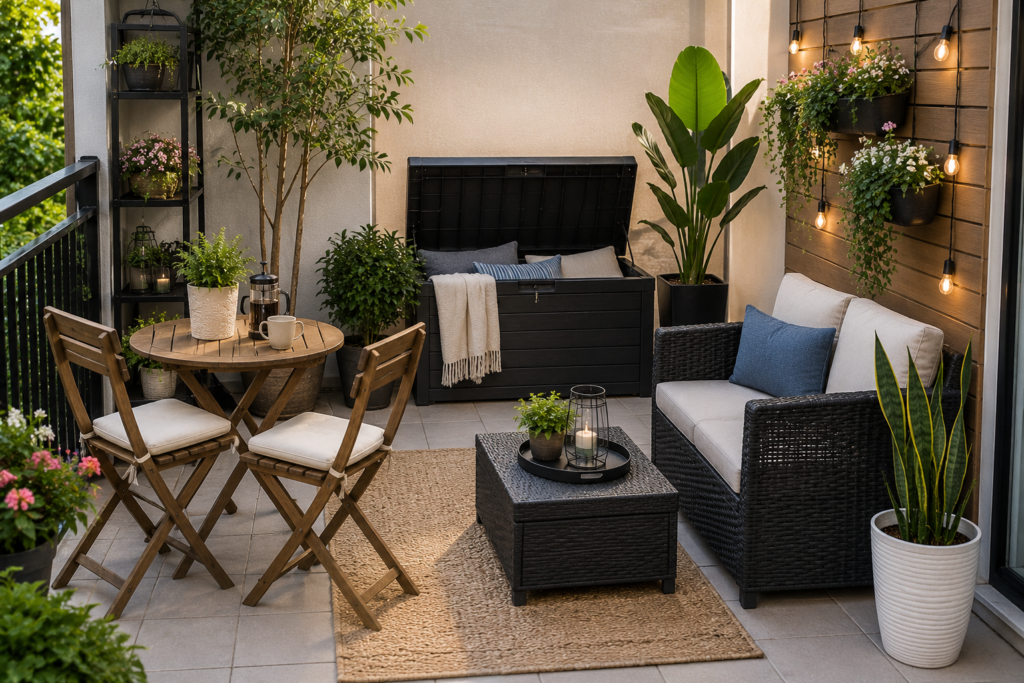 "Small outdoor patio featuring a compact bistro set, folding chairs, storage bench, cozy loveseat, and potted plants in a modern space-saving layout."