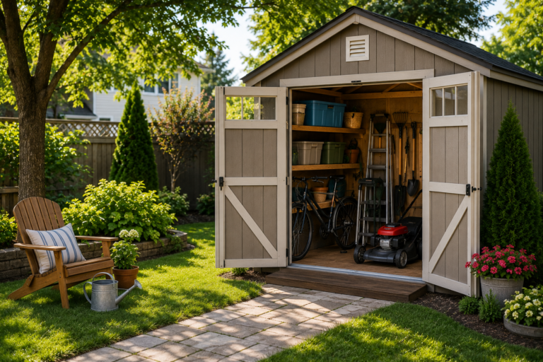 "Spacious outdoor storage shed with open double doors in a modern American backyard, neatly organized with gardening tools, lawn mower, bicycle, shelves, and outdoor equipment."