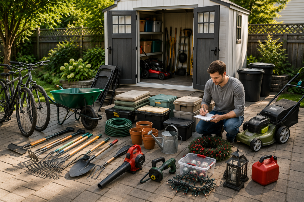 "Homeowner organizing gardening tools, lawn mower, bicycles, storage bins, and outdoor equipment in a backyard before choosing the right storage shed size."