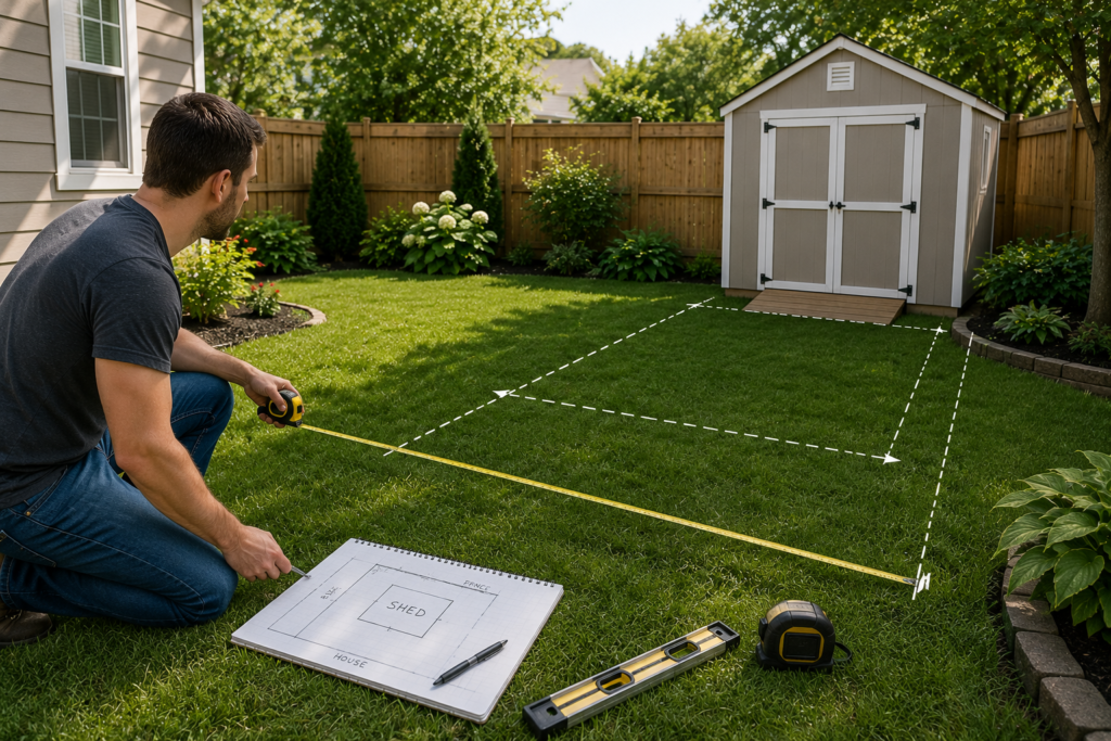 "Homeowner measuring a backyard with a tape measure before installing a storage shed, planning the ideal shed location in a modern suburban yard."