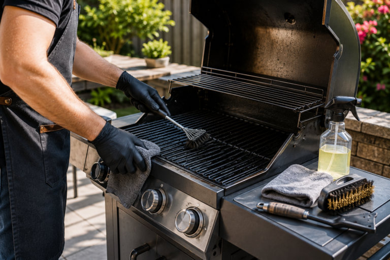 "Homeowner cleaning a stainless steel gas BBQ grill with a grill brush and microfiber cloth in a modern American backyard, demonstrating proper grill maintenance."