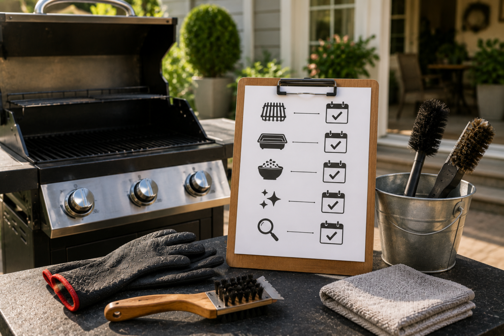 "Homeowner performing routine BBQ grill cleaning with a grill brush and cleaning cloth in a modern American backyard, illustrating regular grill maintenance."