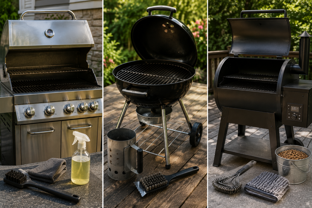 "Gas grill, charcoal grill, and pellet smoker being cleaned in a modern American backyard, demonstrating maintenance methods for different types of BBQ grills."