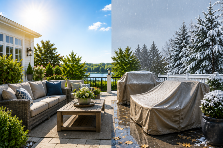 "Modern outdoor patio furniture protected with weatherproof covers in a luxury American backyard, showing how to shield patio furniture from sun, rain, snow, and changing weather conditions."