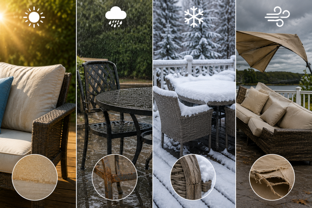 "Modern outdoor patio furniture showing natural signs of sun exposure, rain, wind, and seasonal weather in a landscaped American backyard."