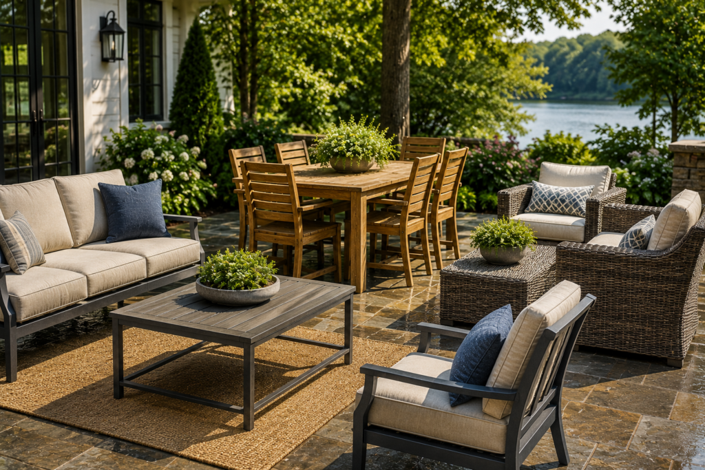 "Modern outdoor patio featuring weather-resistant aluminum, teak wood, and resin wicker furniture in a beautifully landscaped American backyard."