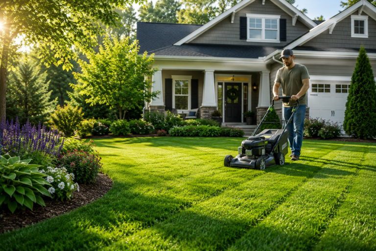 "Homeowner mowing a lush green lawn in front of a modern suburban American home, showcasing healthy year-round lawn care and landscape maintenance."